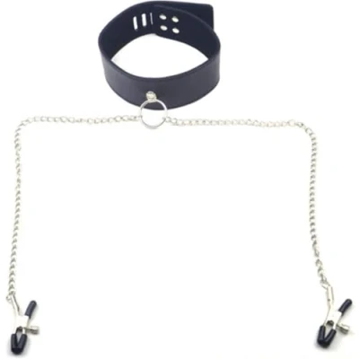 Afbeelding van Bdsm Collar met Tepelklemmen Bondage Erotiek Slave Lederen Ketting