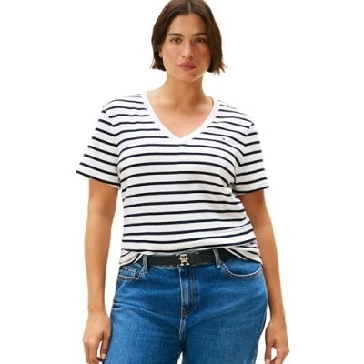 Afbeelding van Tommy Hilfiger Curve SLIM CODY Tshirt basic, Dames, Maat: 46, Ecru/dark night navy