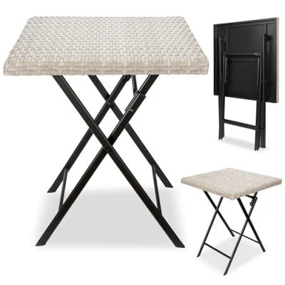 Afbeelding van BRUBAKER Lugano Tuintafel, 58 x cm, balkontafel, weerbestendig, van polyrotan en metaal, bijzettafel, inklapbaar, campingtafel, vierkant, klaptafel voor balkon, terras, bistrotafel, grijs/beige