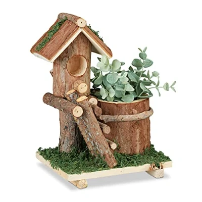 Afbeelding van Relaxdays bloempot hout boomstam met vogelhuisje sierpot plantenpot decoratie