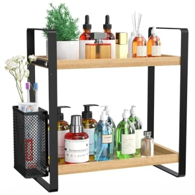 Afbeelding van LEMIKKLE Make up huidverzorging parfum organizer voor ijdelheid, badkamer aanrecht, kruidenrek 2 laags houten lade organizer, toonbank organisatie en opslag dressoir,
