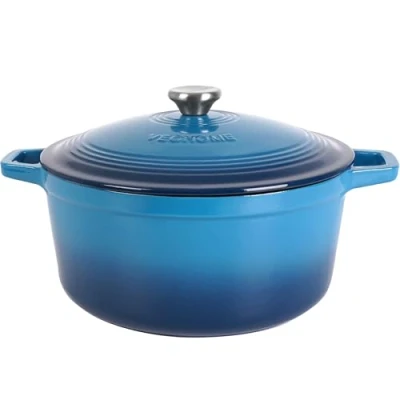 Afbeelding van VeoHome geëmailleerde gietijzeren braadpan, blauw, 6 l, diameter 28 cm, zeer resistent, kookpan, compatibel met inductie/gas/oven, homogeen koken, authentieke smaken, reliëfdeksel