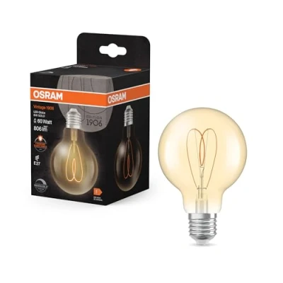 Afbeelding van OSRAM Vintage 1906 Globe is a warm white, dimmable LED lamp in classic ball shape with filament. It offers 8 W for 806 lm, E27 socket, gold coloured glass, 80 mm diameter, 2,200 K, EEK F.