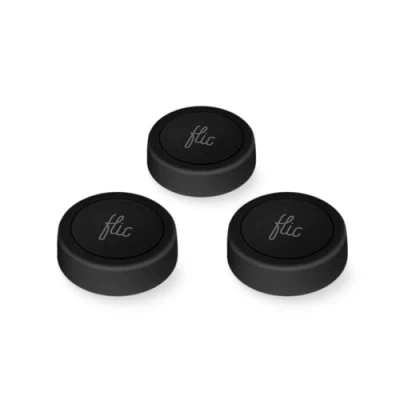 Afbeelding van Flic Smart Button Black 3 pack. Bedien lichten, muziek en meer met push, dubbel duwen of vasthouden. Werkt Alexa, HomeKit, Matter. Instellen op iOS/Android via App. Bluetooth wifi