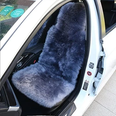 Afbeelding van Dikke Echte Schapenvacht Autostoelhoes Schapenhuid Autostoelhoezen Voor Auto Suv Vrachtauto Voorstoelen, Universele Pasvorm (Blauw Grijs,Één Stuk)