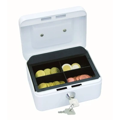 Afbeelding van Wedo 145100X geldcassette (van gepoedercoat staal, intrekbare handgreep, 4 voudige muntinzet, veiligheidscilinderslot, 15,2 x 11,5 8,0 cm) wit
