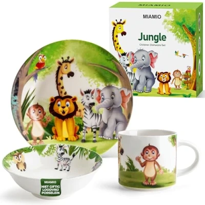 Afbeelding van MIAMIO Set de 3 Porzellan vaisselles pour enfants/Assiettes enfants, d&#039;assiette vaisselle des enfants Comprend une assiette, un bol et tasse (Jungle)