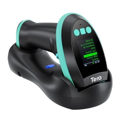 Afbeelding van Tera 1D 2D QR barcodescanner met digitaal instellingsscherm: toetsbediening en laadstation, Duits bedieningsmenu gebruikershandleiding, model HW0009, blauw
