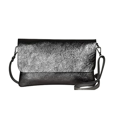 Afbeelding van AmbraModa GLX11 Dames crossbodytas, clutch, telefoontas van echt leer met afneembaar en verstelbare schouderriem, passend voor mobiele telefoons tablets tot 7 inch. (Antraciet metallic)