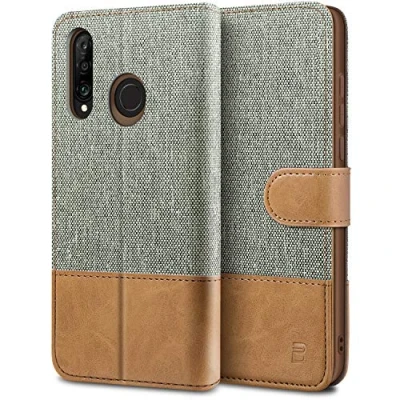 Afbeelding van BEZ Huawei P30 Lite Hoesje, Hoes Book Case Leer Wallet, Flip Wallet Hoesje [Canvas Kunstleer] met Creditcardhouders, Standaard, Magnetische Sluiting, Grijs