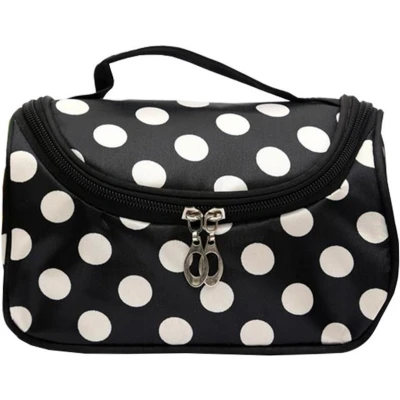 Afbeelding van Fako Fashion® Make Up Tasje Met Spiegel Cosmetica Organizer Toilettas Zwart Witte Stippen