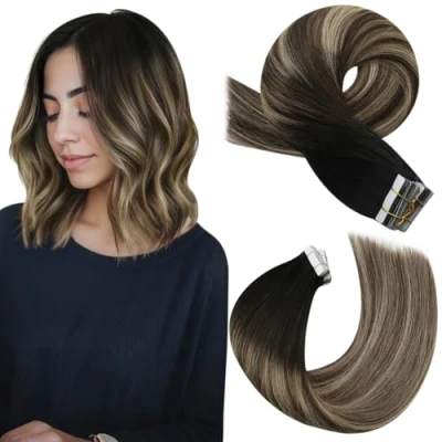 Afbeelding van Moresoo Tape in Extensies Echt Menselijk Haar 35 cm Onzichtbare Haarextensies Zwart tot Donkerbruin met Karamelblond 20 Stuks/50g #1B/3/27