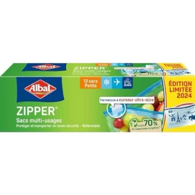 Afbeelding van ALBAL Zak met ritssluiting, klein, 1 l, 70% gerecyclede hulpbronnen, zeer veilige duurzaam, vaatwasmachinebestendig, geschikt voor levensmiddelen, 20 x 15 cm