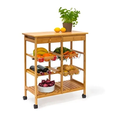 Afbeelding van relaxdays keukentrolley JAMES XXL keukenwagen bamboe serveerwagen trolley