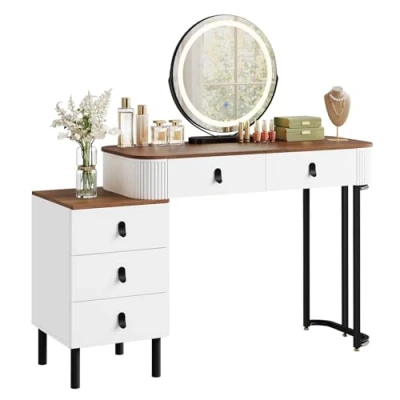 Afbeelding van WOLTU make uptafel, uptafel met dimbare lampen, kaptafel afneembare spiegel, voor dames, beweegbare commode, MB6109hdob