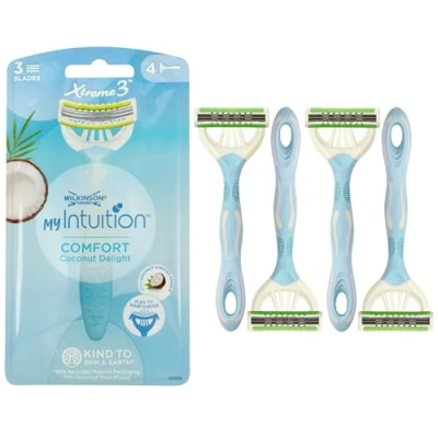 Afbeelding van Wilkinson Sword MyIntuition Comfort Coconut Delight Xtreme 3 Wegwerpscheerapparaat Scheerapparaat met flexibele messen voor vrouwen Comfortabele ontharing glijstrips Pak van 4 stuks