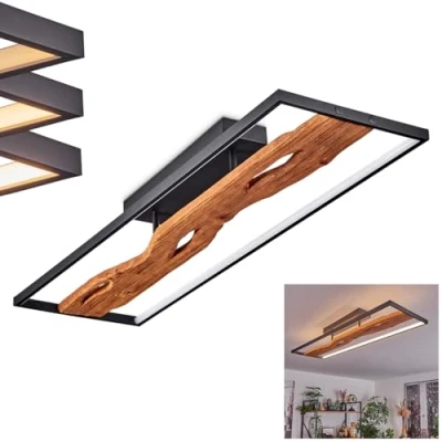 Afbeelding van Nevogilde led plafondlamp, dimbare plafondlamp van metaal/hout/kunststof in zwart/natuur/wit, lamp Scandinavisch design, 6600 lumen, 3000 kelvin, 48 watt, dimbaar via lichtschakelaar