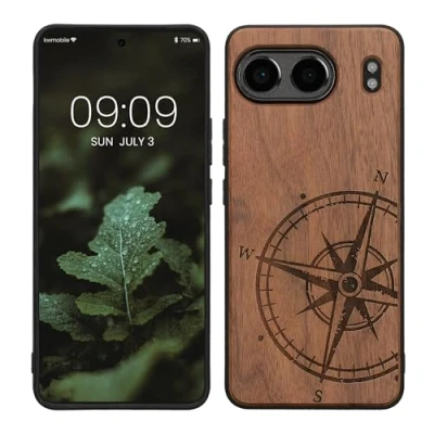 Afbeelding van kwmobile telefoonhoesje geschikt voorOnePlus Nord 4 5G Hoesje met bumper walnoothout In donkerbruin Parelmoer kompas design