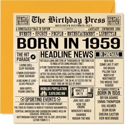 Afbeelding van 65e verjaardagskaarten voor mannen vrouwen geboren in 1959 krant Happy 65 verjaardagskaart opa oma Nan Vintage Retro terug 1959, 145 mm x vijfenzestig