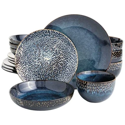 Afbeelding van Gibson Elite Matisse Serviesset met dubbele kom, servies voor 4 (16 stuks), kobaltblauw