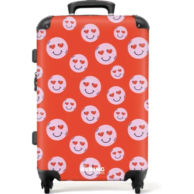 Afbeelding van NoBoringSuitcases.com® Koffer groot Rolkoffer lichtgewicht Rood met roze smileys Reiskoffer 4 wielen Grote trolley XL 20 kg bagage