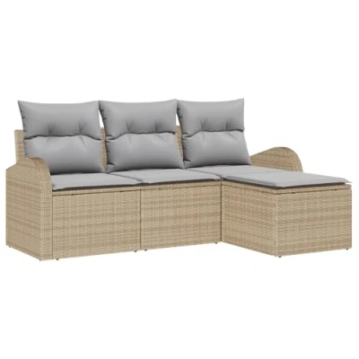 Afbeelding van vidaXL 4 delige Tuin Sofa Set met Kussens Beige Poly Riet, 2 Zits Opbergruimte &amp; Riet