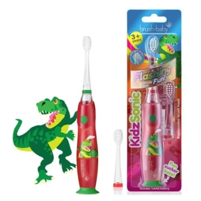 Afbeelding van Brush Baby KidzSonic Electrische Tandenborstel (vanaf 3 jaar) Disco licht Timer &amp; Pulse Dino Rood Incl. 2 opzetborstels en batterij