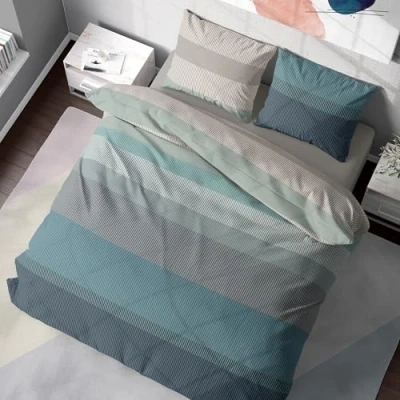 Afbeelding van DILIOS Premium beddengoed, 200 x cm, 100% katoen, ademend, renforcé, met ritssluiting, blauw/groen/grijze strepen, 3 delig, beddengoedset, dekbedovertrek + 2 kussenslopen 80 cm