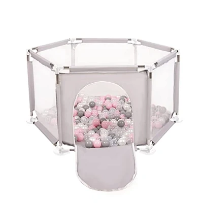 Afbeelding van Selonis Hexagon 6 Side Play Pen met 100 ballen, Grijs: Parel/Grijs/Transparant/Poeder Roze