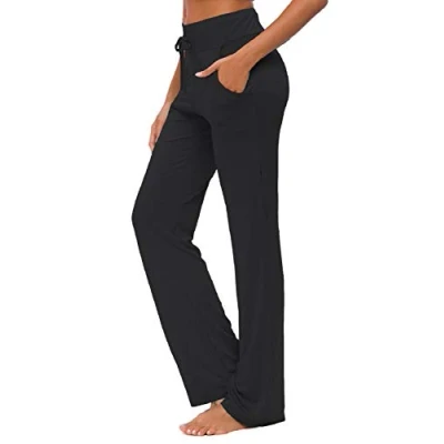 Afbeelding van Yogabroek voor dames met zakken rechte pijpen joggingbroek comfortabele modale trekkoord lounge running lange actieve broek, Zwart, L