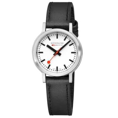 Afbeelding van Mondaine MST.3401B.LBV Stop2go Horloge Stationsklok Saffierglas Staal/Kunstleer Zilver/Zwart 34 mm breed Quartz Gesp 3 ATM (spatwater)