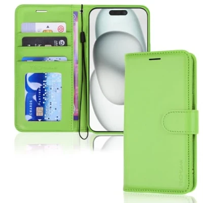 Afbeelding van TECHGEAR iPhone 15 lederen portemonneehoesje, flip beschermhoes met portemonnee kaarthouder, standaard en polsband groen PU leer magnetische sluiting voor 6,1 inch