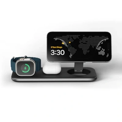 Afbeelding van SATECHI Qi2 Trio Draadloos Oplaadpad, 3 in 1 Oplaadstation, 15W Snelle Draadloze Oplader voor iPhone 16/15/14/13/12, AirPods en Apple Watch
