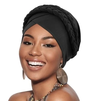 Afbeelding van DRESHOW Vrouwen Tulband Pre Tied Twisted Braid Hair Cover Wrap Hoed Afrikaanse Beanie Headwraps Chemo kanker Cap 1 stuk Zwart