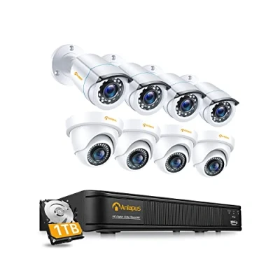 Afbeelding van Anlapus 8CH 1080P 4 Bullet + Dome outdoor bewakingscamera systeem H.265+ recorder met 1TB harde schijf, 24 m IR nachtzicht, bewegingsalarm