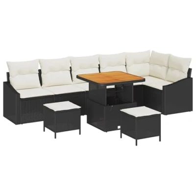Afbeelding van vidaXL 9 Stuks Tuin Sofa Set met Kussens Zwart Poly Rattan Acacia, 2 Zits Opslag &amp; Rattan, 3 Eetset Acacia