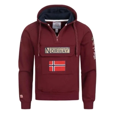 Afbeelding van Geographical Norway sweatshirt voor heren met capuchon, halve ritssluiting en riemzak, hoodie lange mouwen, vrijetijdsproductie, Bordeaux, XL