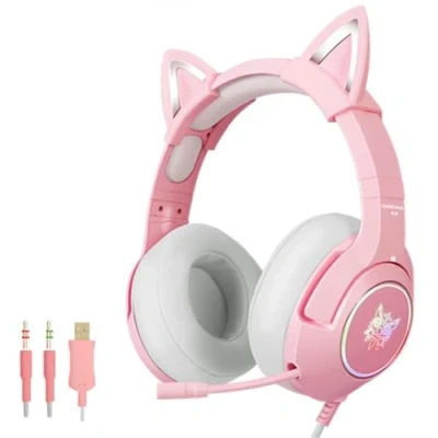 Afbeelding van Cat Ear Headset, Roze Gaming Headset Met Microfoon, Afneembare Kattenoren, Surround Geluid En Intrekbare Ruisonderdrukking Licht, Geschikt Voor Alle Headsets Van Meisjes