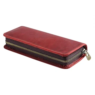 Afbeelding van MiOYOOW Leren pennenetui, vintage pennenetui met ritssluiting, grote capaciteit, etui voor school, werk, kantoor, wijnrood,