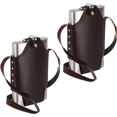 Afbeelding van Relaxdays 2x platvink edelstaal XXL heupfles 1,8 liter zakflacon draagriem rvs