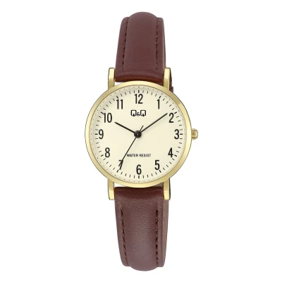 Afbeelding van Q&amp;Q Horloge Dames Analoog Duidelijke wijzerplaat 30MM Bruin lederen band Goudkleurig.
