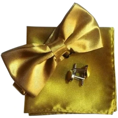 Afbeelding van Vlinderstrik inclusief pochette en manchetknopen Goud luxe vlinderdas strik strikje pochet heren