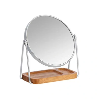 Afbeelding van Amazon Basics Cosmeticaspiegel, rond, tafelmodel, met rechthoekige bamboe plank, vergroting van 1x/5x, helder, 18,2 x 8,5 21,3 cm