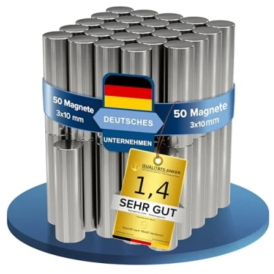 Afbeelding van 50x Neodym Power magneet zilver staafmagneet extra sterk lang diameter 3x10mm sterke magneten supermagneet hechtkracht ca. 0,5 kg voor whiteboard, prikbord, magneetbord, werkplaats