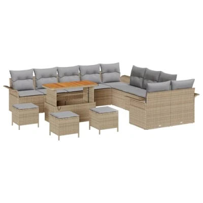 Afbeelding van vidaXL 14 delige Tuin Sofa Set met Kussens Beige Poly Riet Acacia, 2 zits Riet, 4 Eet Acacia