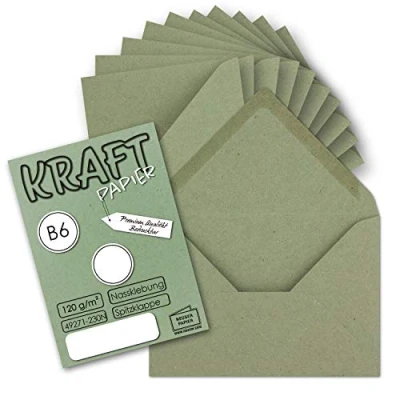 Afbeelding van Gustav Neuser Enveloppen, 25 x vintage enveloppen in donkergroen (groen), DIN B6, 125 178 mm, kraftpapier, 120 g/m², recycling, natte plakrand, puntklep