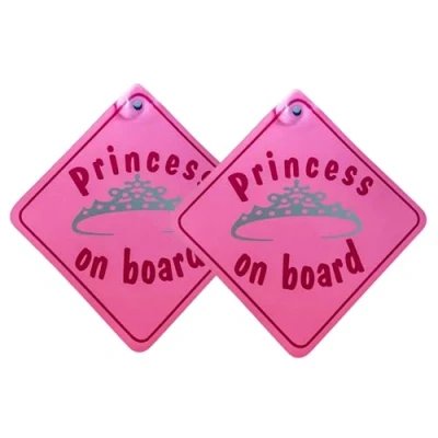 Afbeelding van Tek Automotive Princess on Board Autobord Twin Pack, 14 cm x roze met zuignap baby aan boord bord voor auto, schattige auto accessoires meisjes