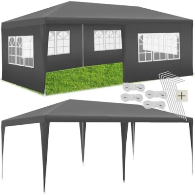 Afbeelding van tectake® Paviljoen Novara Partytent 3x6 m Waterdicht Zeildoek met 5 Verwijderbare Zijpanelen Weerbestendig Tuinpaviljoen Inclusief Spanlijnen en Haringen Grijs