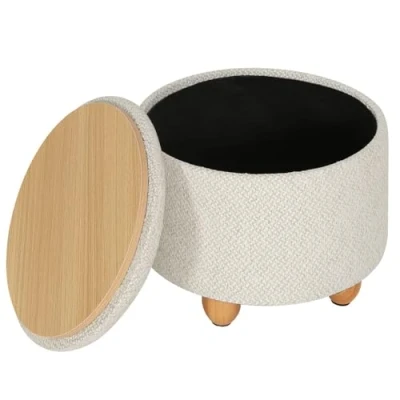 Afbeelding van WOLTU kruk met opbergruimte, ronde kruk, voetenbank deksel, gevoerde massief houten poten, linnen bekleding, Ø39x33 cm, crèmewit, SH77cm