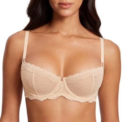 Afbeelding van DOBREVA Balconette Beha Dames met Beugel Dirndl Push Up Sexy Beha&#039;s Kant Grote Maten Ongevoerd Beige 85C